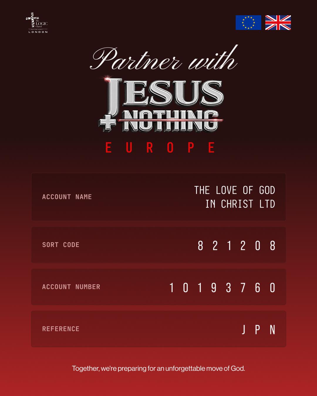 Partner with Jesus + Nothing Europe — bank details for The Love of God in Christ Ltd